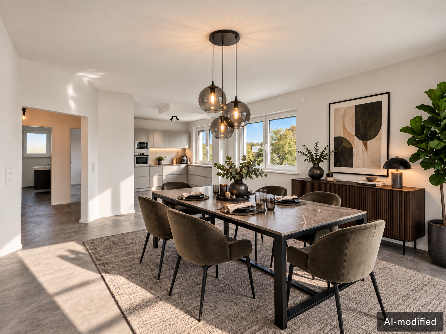 Modern dining room with a marble table, olive velvet chairs, a textured rug, and a pendant light fixture in an open floor plan. [AI-generated text] [AI-modified]