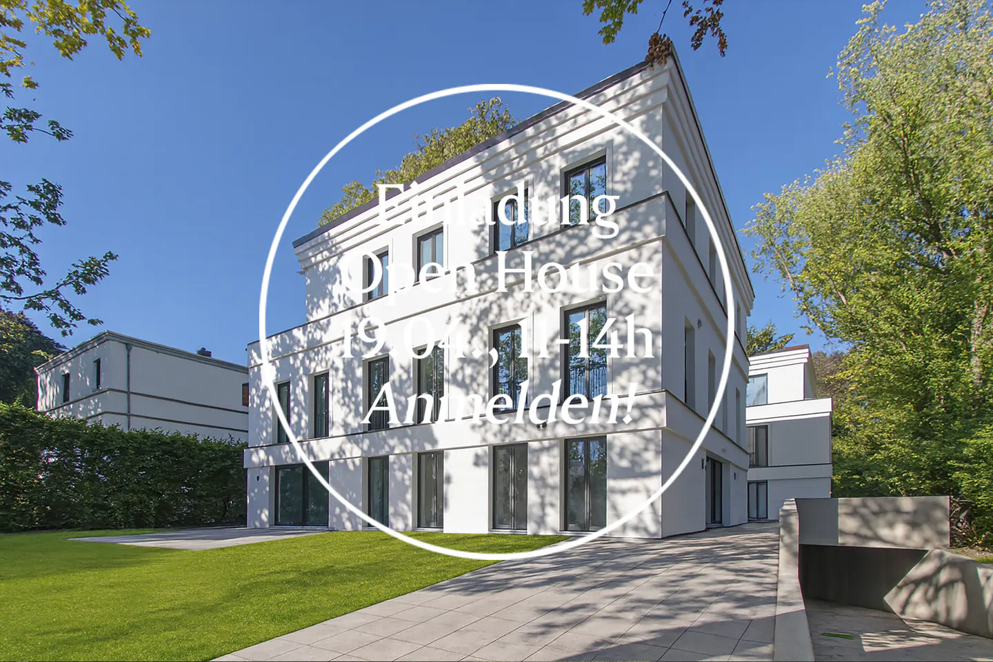 Modern white building with black-framed windows, green lawn, and trees under a blue sky. Text overlay advertises an open house.