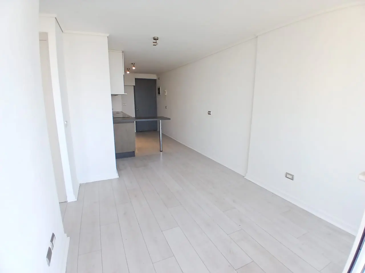 Bright, empty apartment with white walls, light wood floors, and a small kitchen area with gray cabinets.