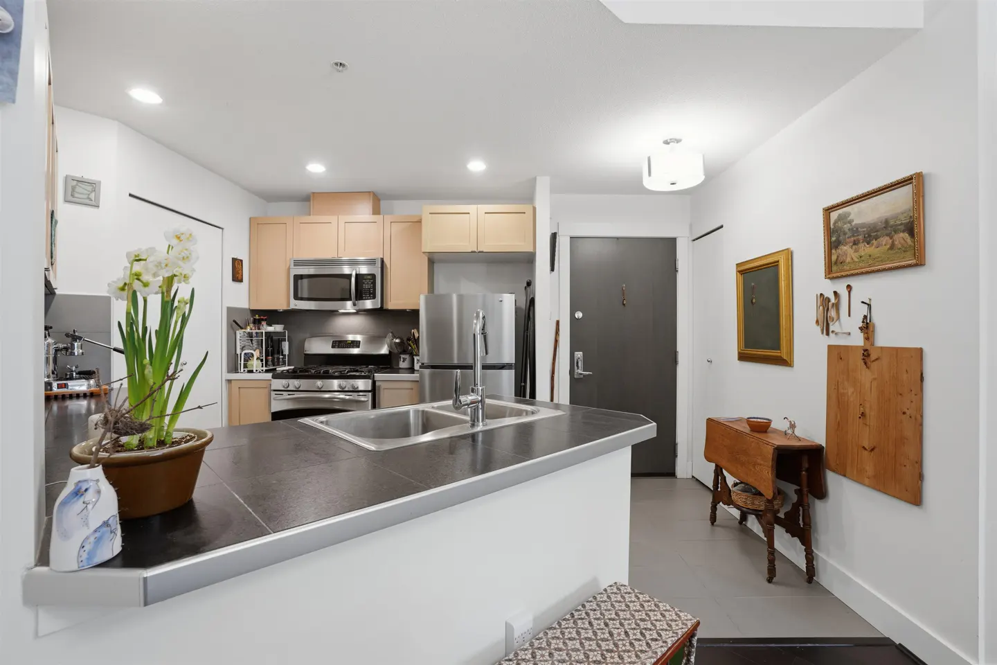 Bright kitchen with stainless steel appliances, light wood cabinets, and a dark countertop. A potted plant sits on the counter. Gray door and wood table are visible.