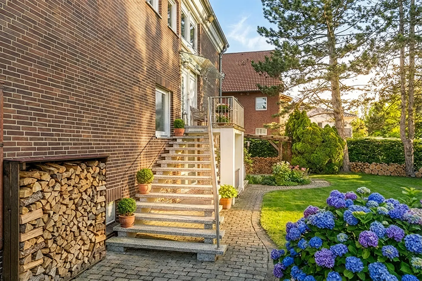Exterior view of a brick house with stone steps leading to a balcony, a wood pile, and a garden with blue hydrangeas.