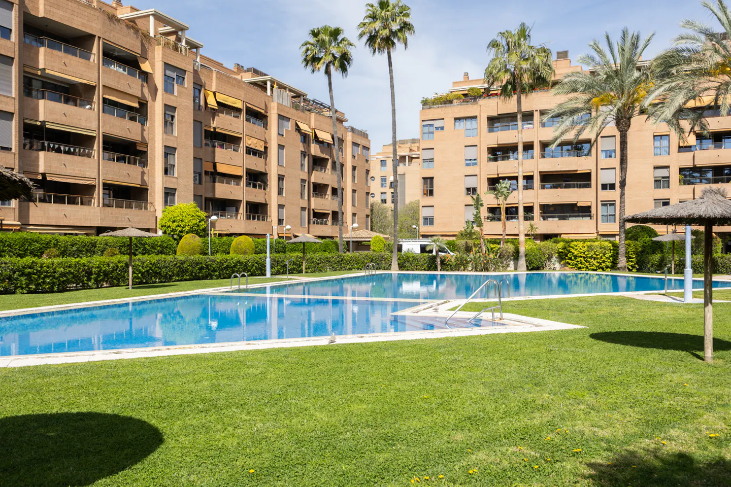 A large, blue swimming pool sits on green grass, surrounded by apartment buildings and palm trees.