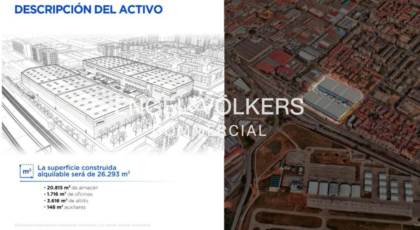 Aerial view of a commercial property with a sketch of the building and surrounding area on the left and a photo on the right.