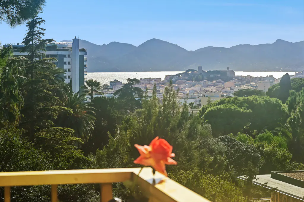 View from a balcony with a rose, overlooking Cannes, France, with mountains in the background.