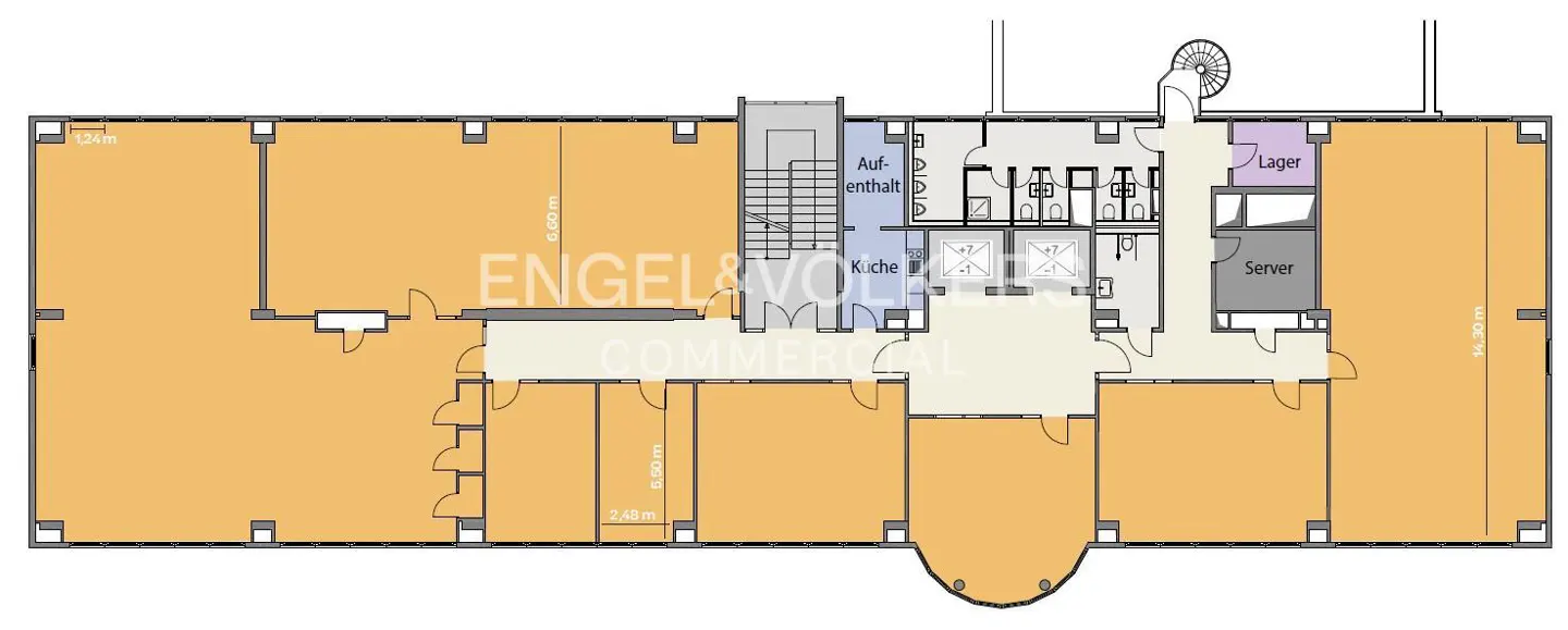Floor plan of a commercial space with offices, a kitchen, restrooms, a server room, and a storage area. The walls are orange and gray.