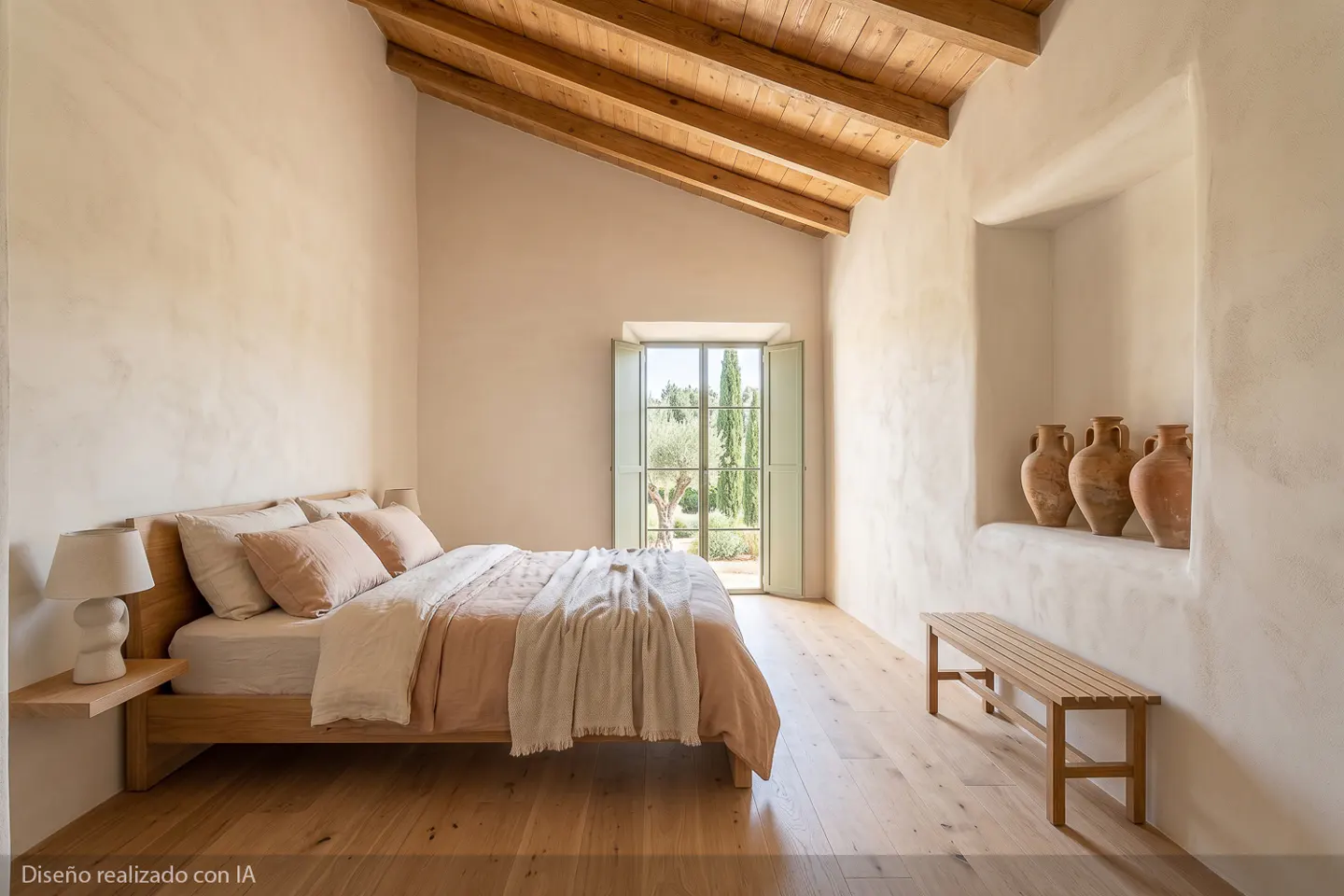 Bedroom with wooden ceiling beams, a bed with peach linens, and a window overlooking a garden. A bench sits below a niche with terracotta vases.