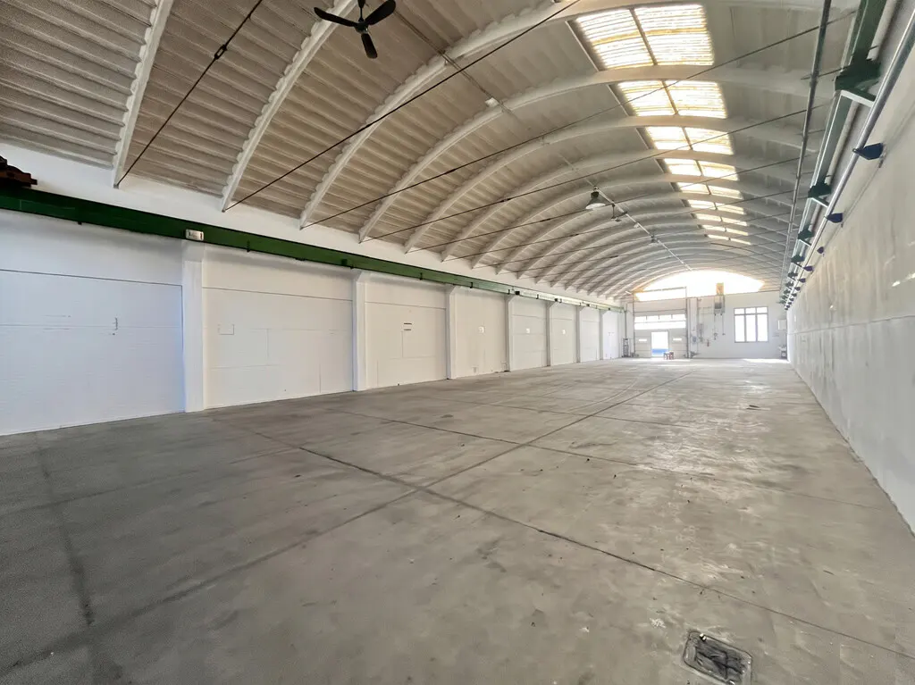 Empty warehouse interior with a concrete floor, white walls, and a curved metal roof with skylights.
