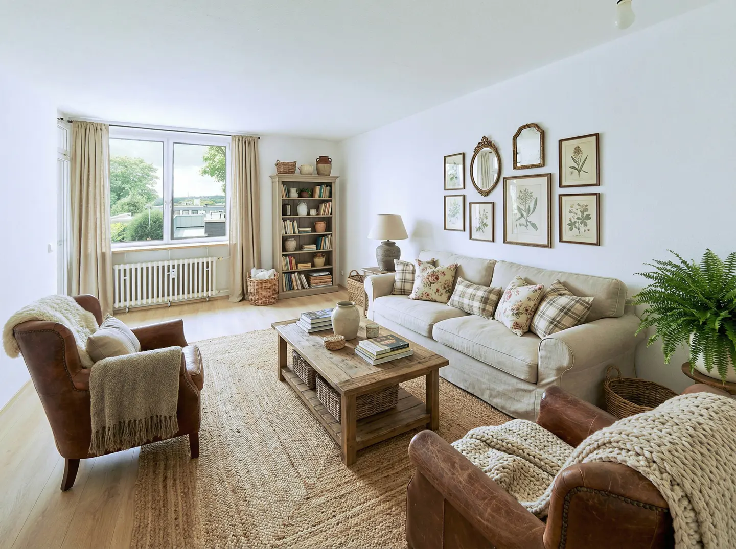 Living room with white walls, a beige sofa with floral pillows, and a rustic wooden coffee table on a jute rug. Two leather armchairs face the sofa.