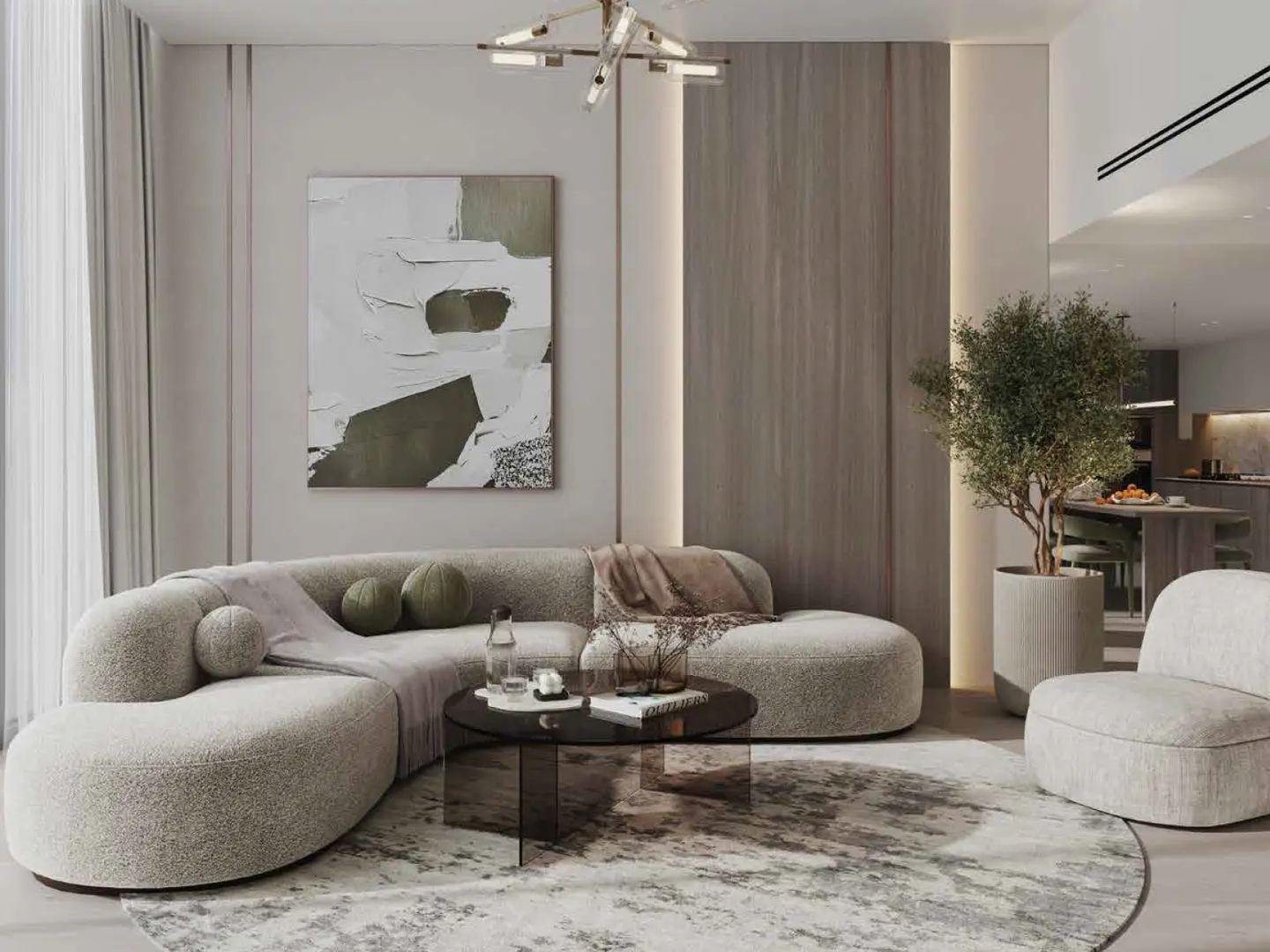 Modern living room with a curved beige sofa, round glass coffee table, abstract wall art, and a potted tree on a rug.