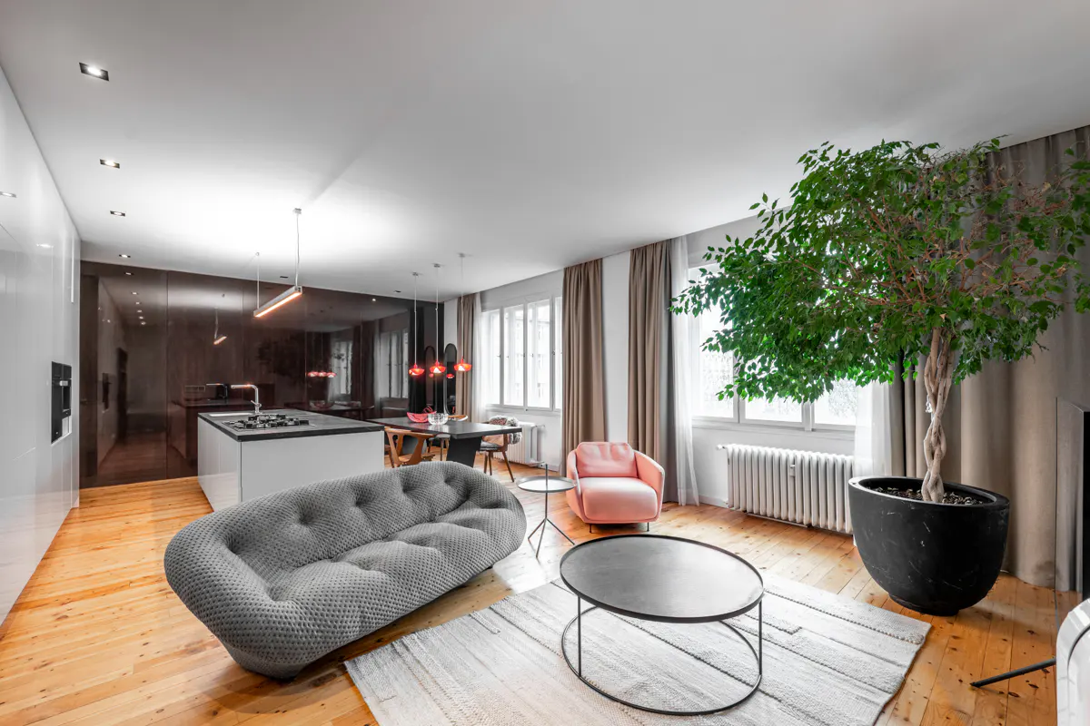 Bright, modern living space with a gray sofa, pink chair, and large potted tree. Kitchen and dining area visible in the background.
