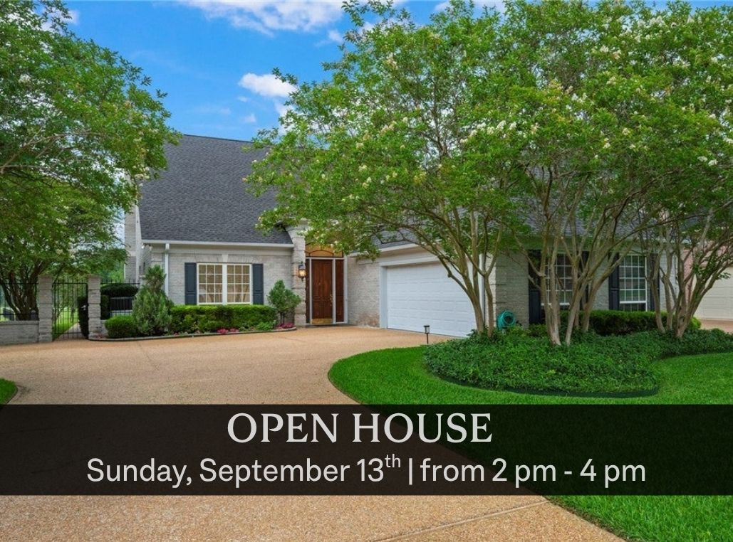 Single-story brick home with a gravel driveway, green lawn, and trees, advertising an open house on September 13th. [AI-generated text]