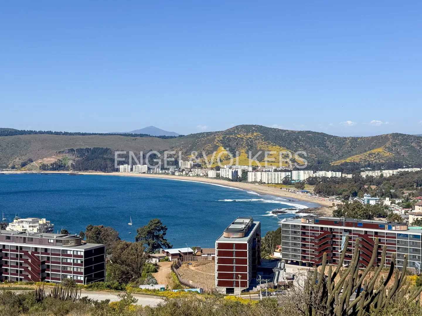 Ocean view of Chilean coastline with modern apartments in foreground. Blue water, sandy beach, and green hills under a clear sky.