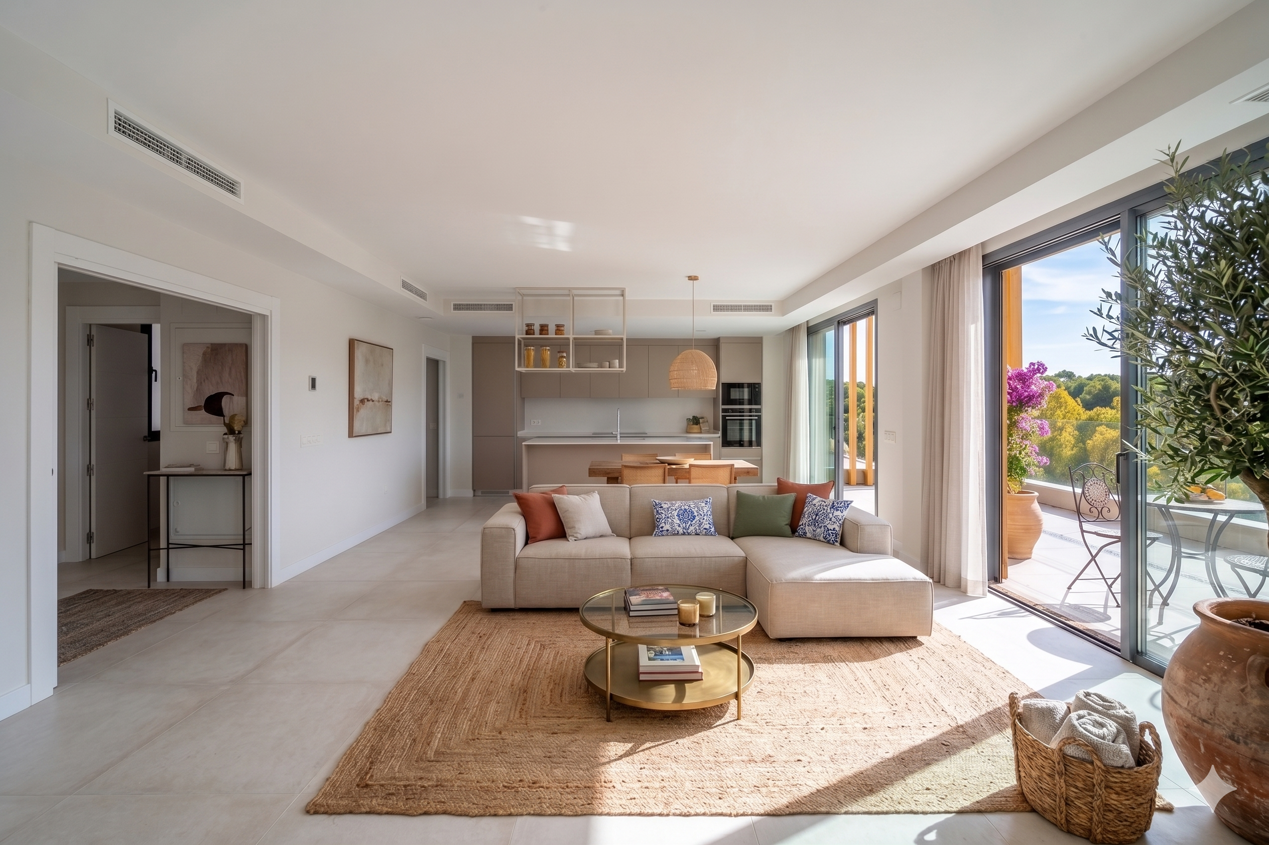 Modern open-plan living room with beige sectional sofa, round coffee table, jute rug, and sliding doors to a sunny balcony.