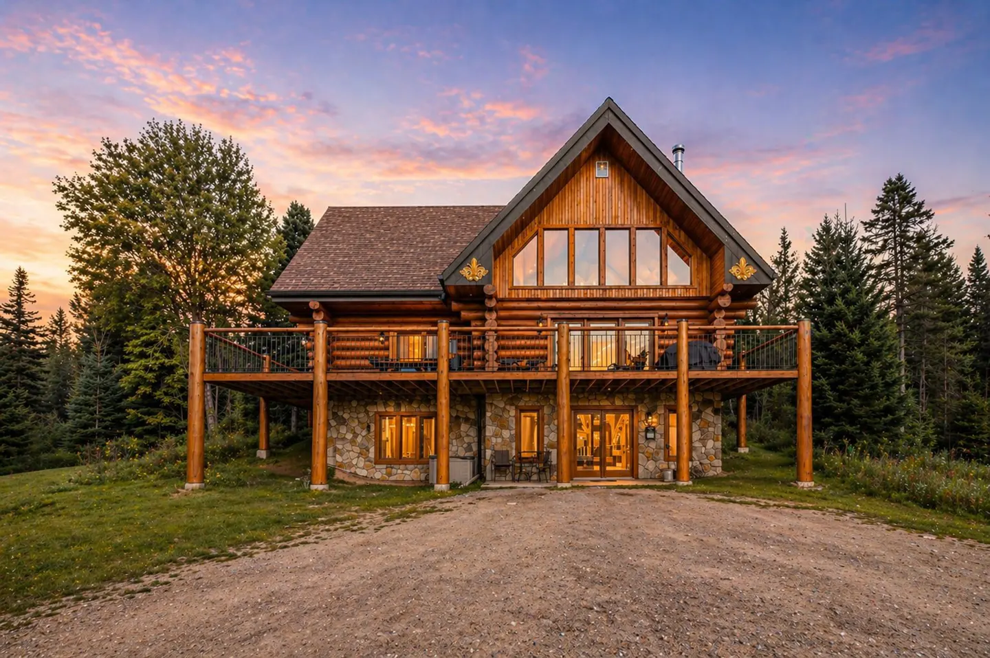 Two-story log cabin with stone foundation, brown roof, and large windows. Balcony with black railings. Trees and colorful sunset sky in background.
