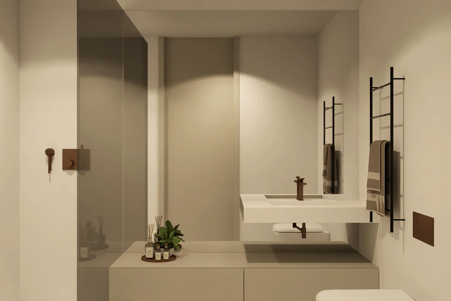 Modern bathroom with white sink, bronze fixtures, and black towel rack. A glass shower and neutral tones create a minimalist aesthetic.
