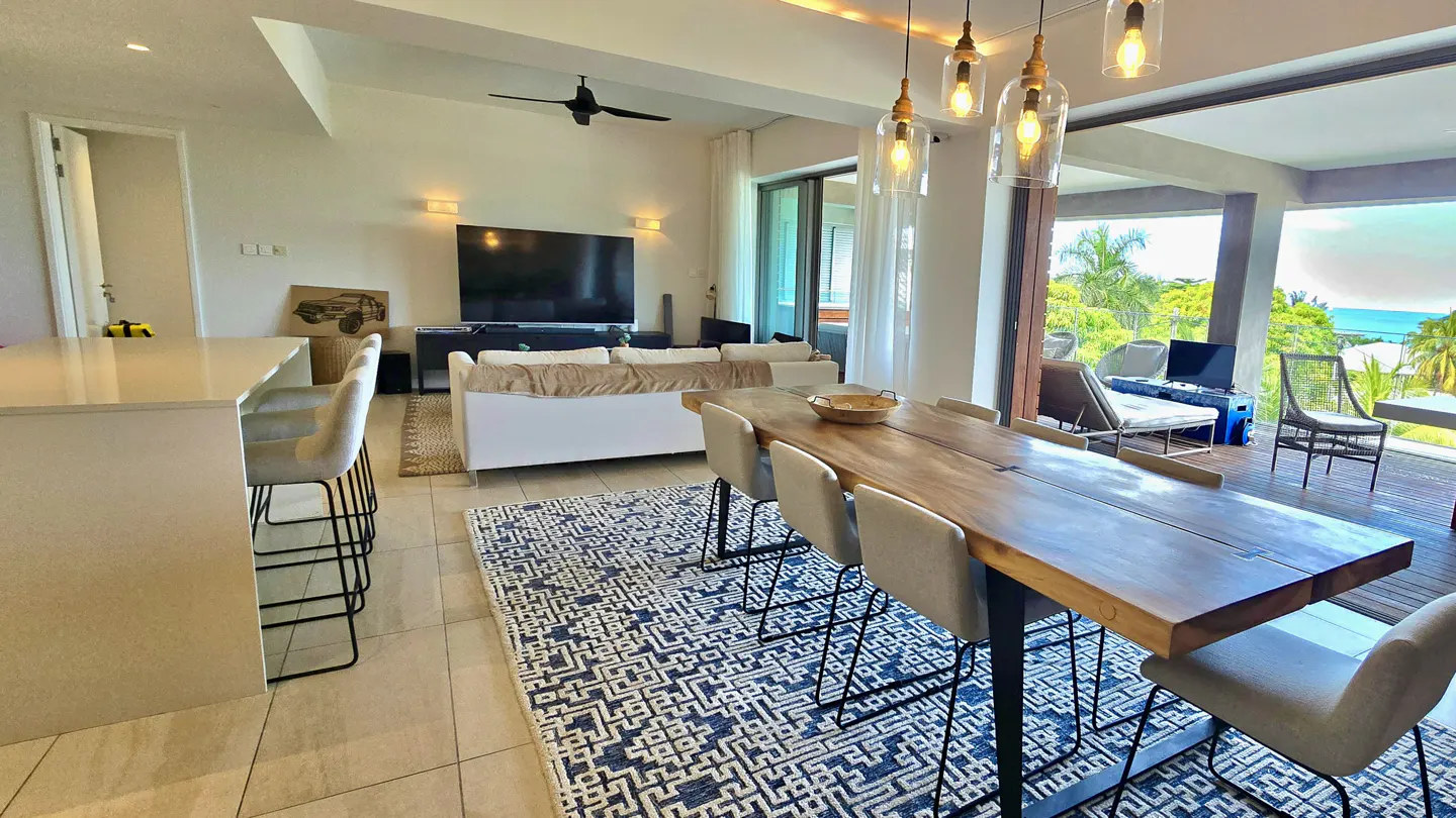 Open-concept living space with a wood dining table, white sofa, and a large TV. A blue and white rug adds a pop of color.