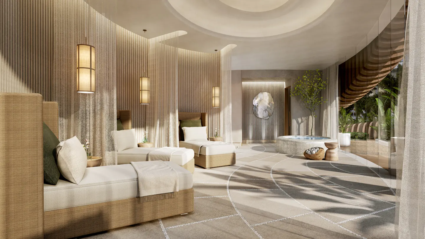 Spa interior with two massage beds, a jacuzzi, and a large window with greenery outside. The room is decorated in neutral colors with wood accents.