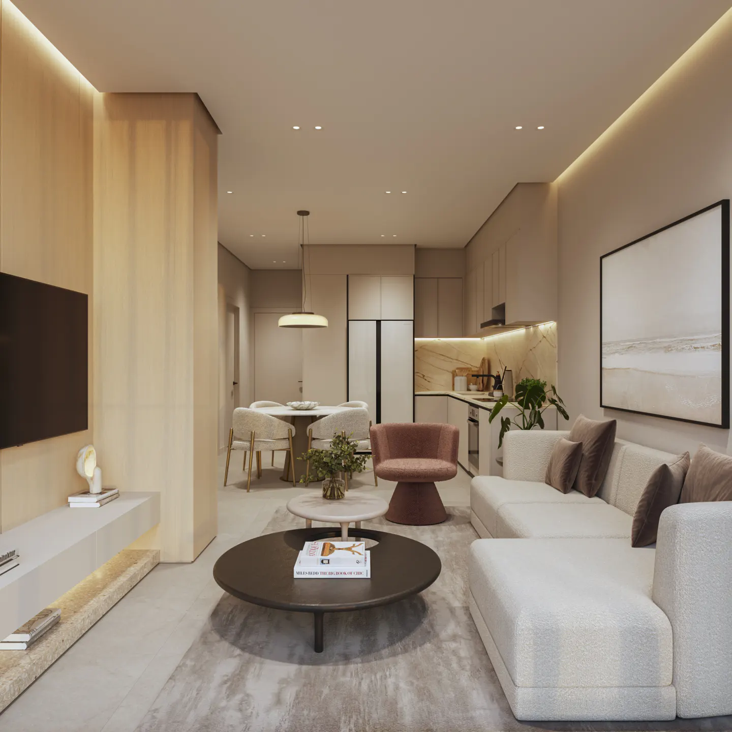 A modern, open-concept living space with a white sofa, round coffee tables, and a dining area. The kitchen features marble countertops and sleek appliances. Neutral color palette.