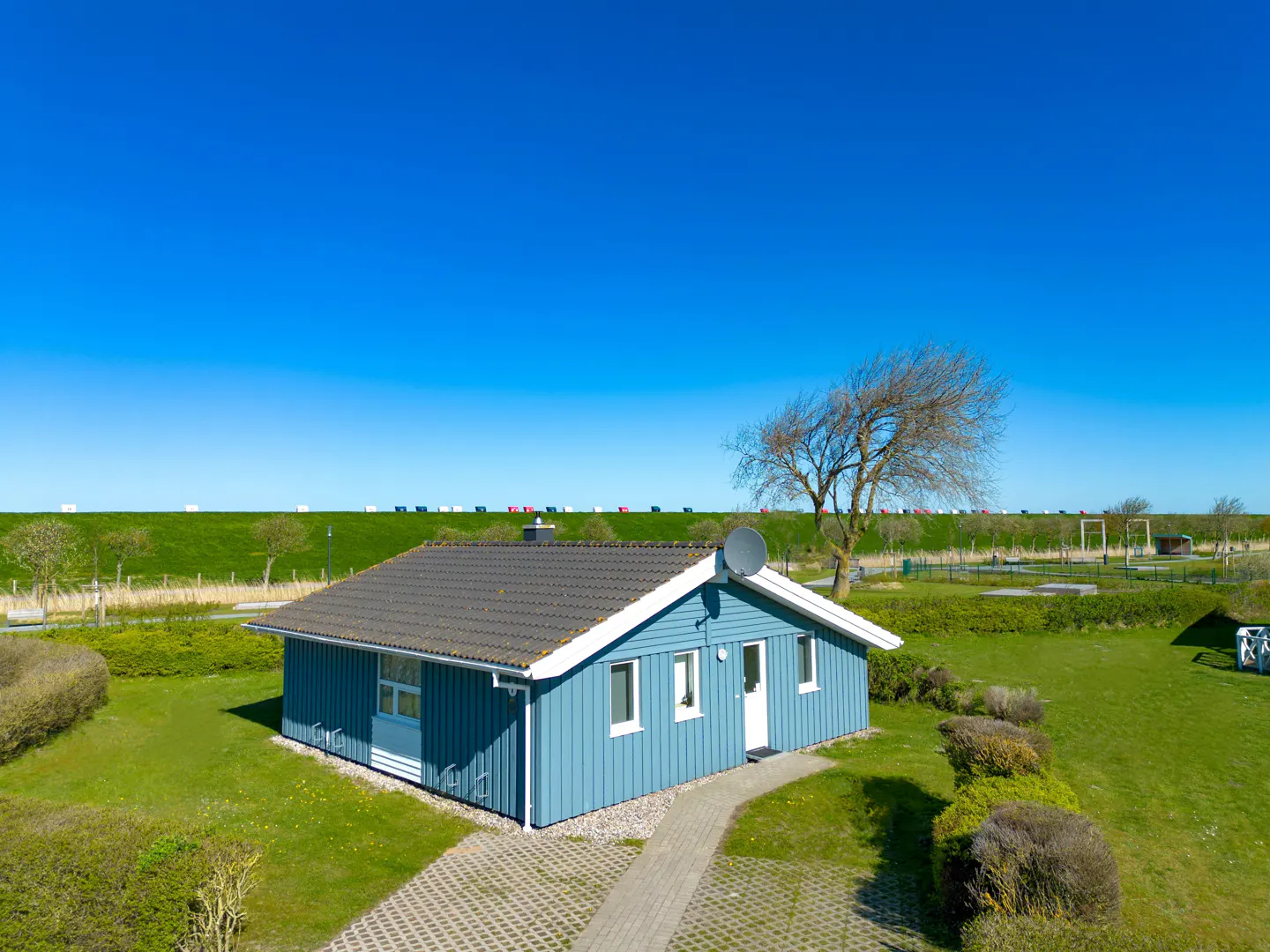 Blue house with a gray roof, white trim, and satellite dish, on a green lawn under a clear blue sky.