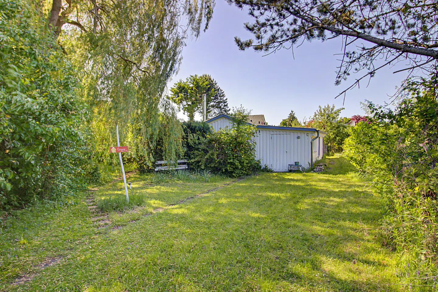 A white shed sits in a lush, green backyard surrounded by trees, with a small bench and a sign on a post nearby.