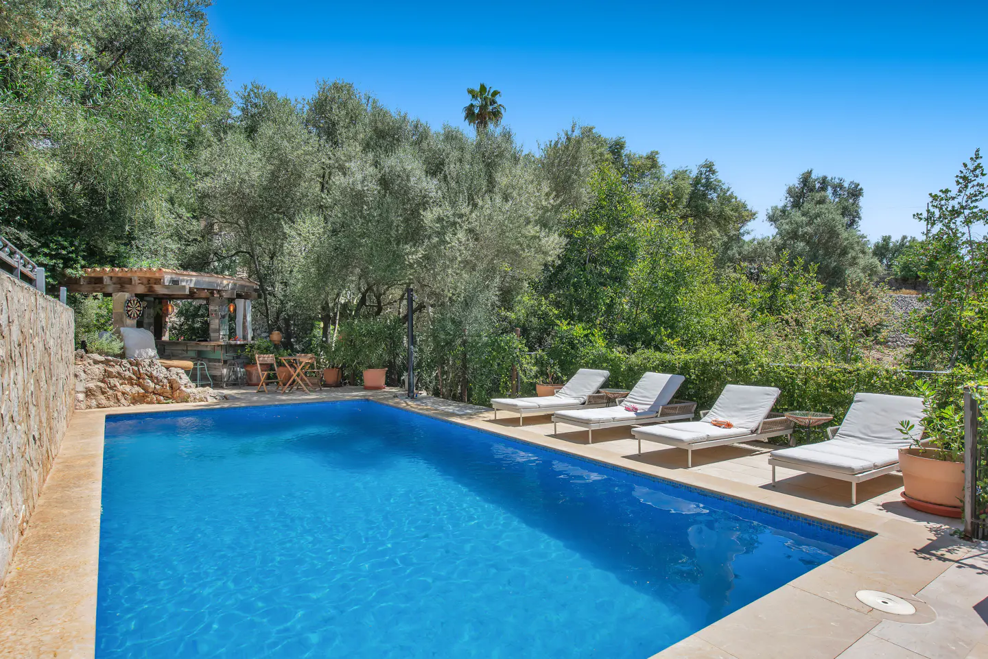 A bright blue swimming pool is surrounded by lounge chairs and lush green trees under a clear blue sky.