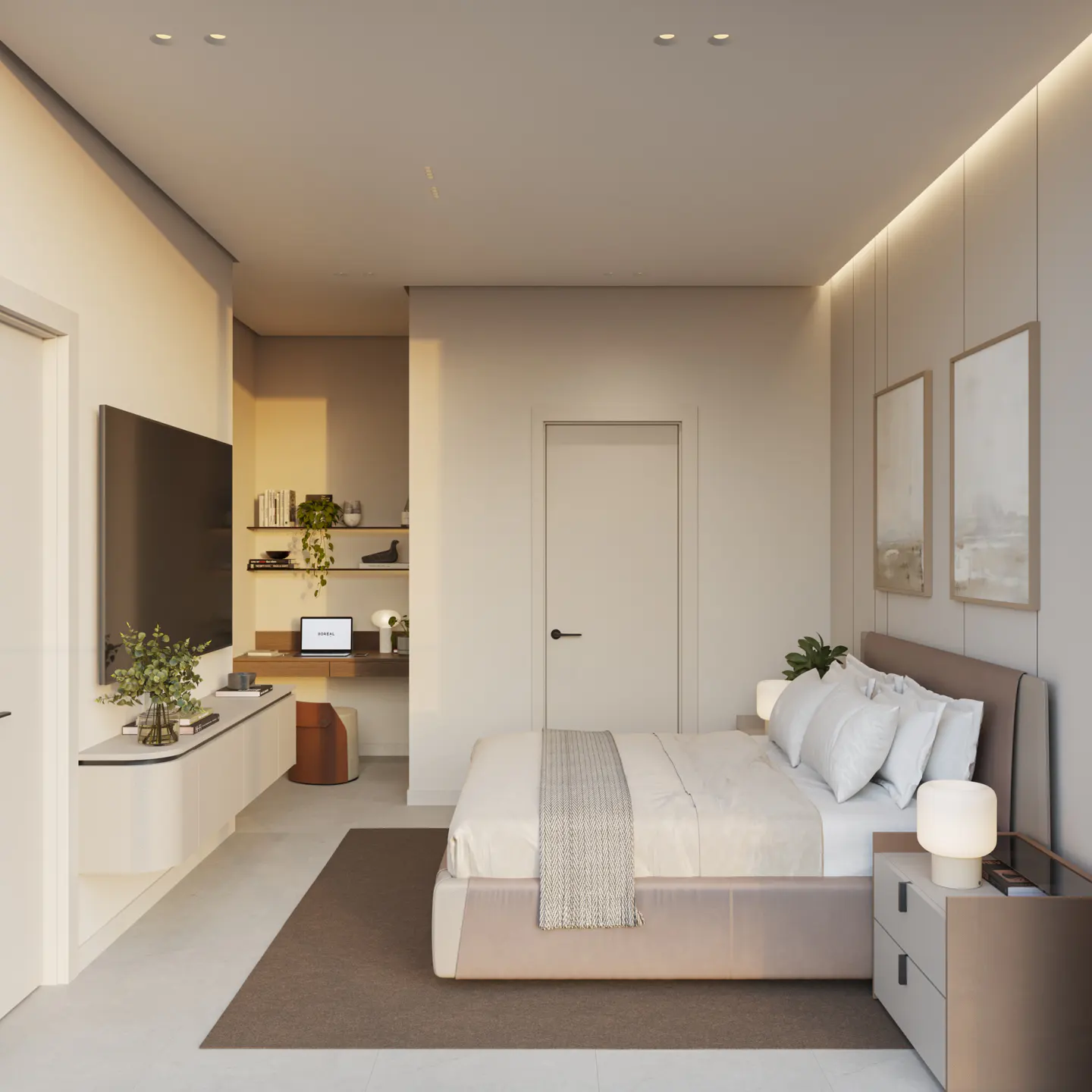 A modern bedroom with a bed, nightstand, TV, desk, and shelves. The color scheme is neutral.