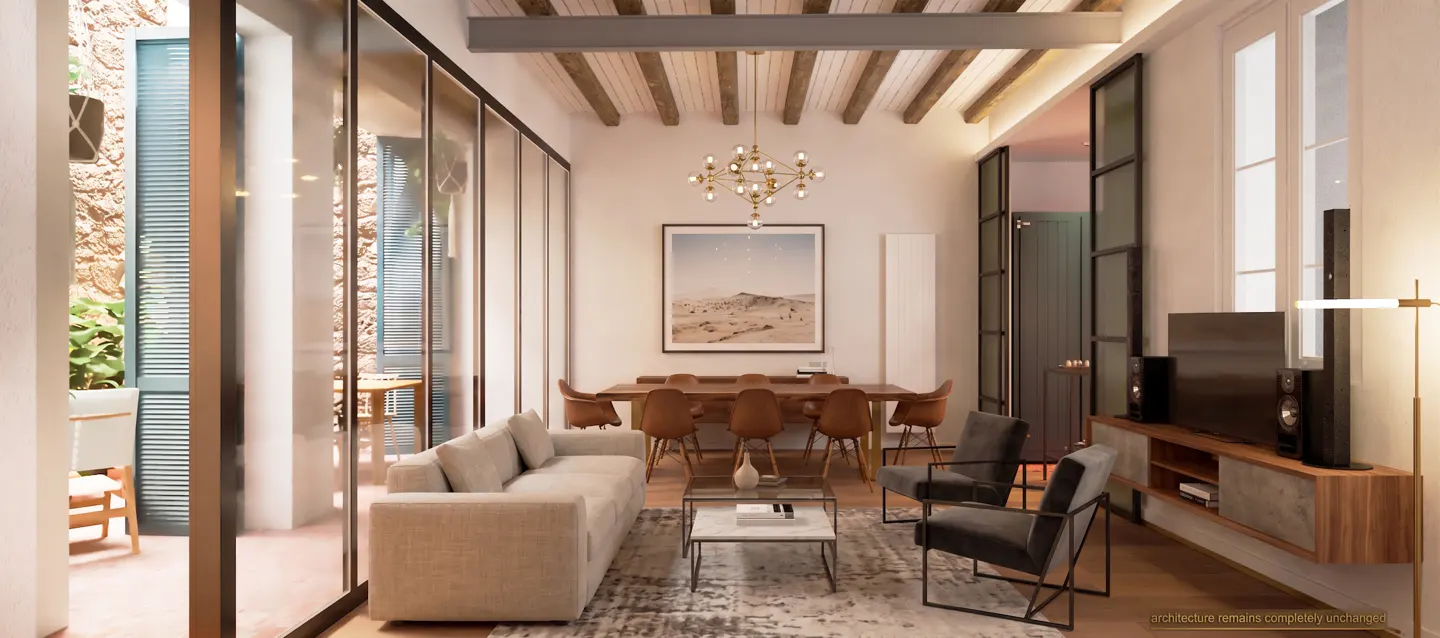 A bright, modern living room with a beige sofa, two chairs, a dining table, and a TV. A large window looks out onto a patio.