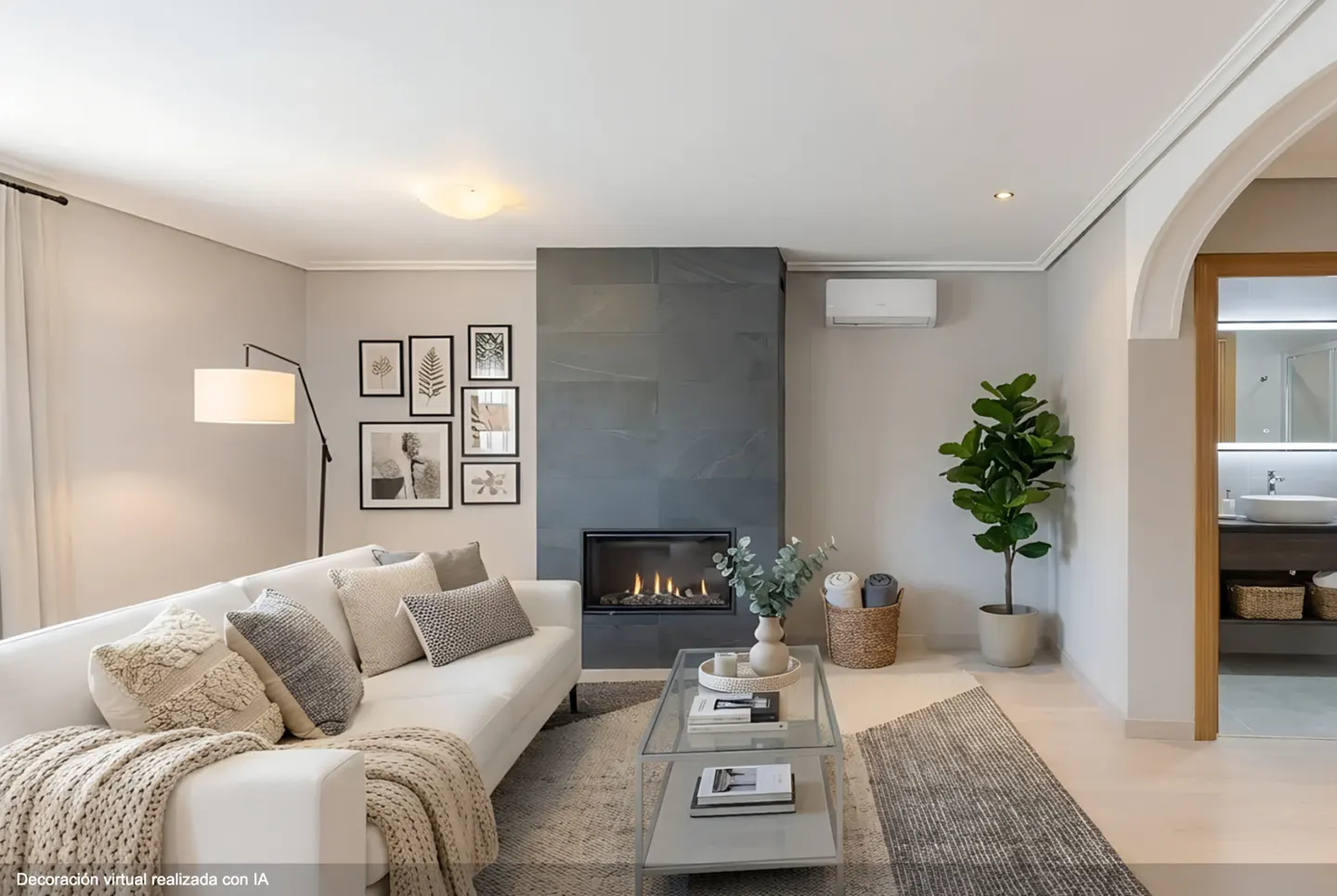 Modern living room with a white sofa, glass coffee table, dark stone fireplace, and a view into a bright bathroom.