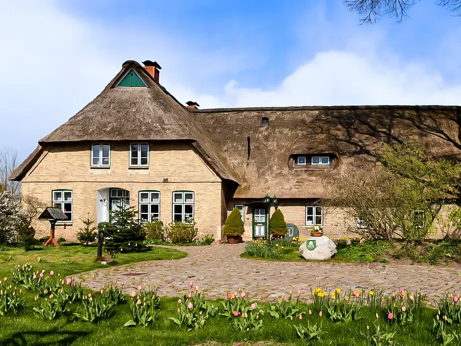 A two-story house with a thatched roof, yellow brick walls, and a green lawn with tulips.