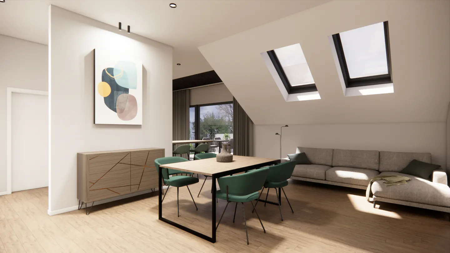 Bright, modern living space with a dining table, green chairs, and a beige sofa under skylights. An abstract painting hangs above a wooden cabinet.