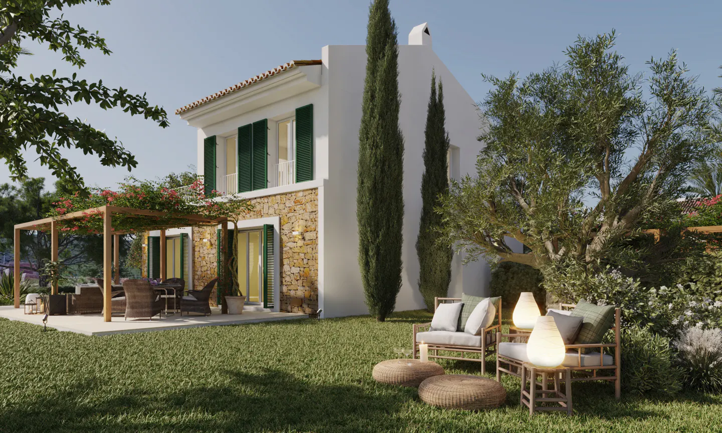 Mediterranean villa with stone facade, green shutters, pergola patio, and a garden with lounge chairs and glowing lamps.