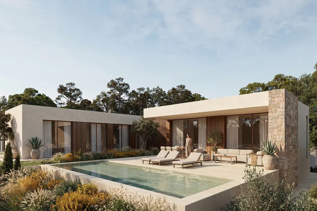 Modern villa with a swimming pool, lounge chairs, and a woman standing on a patio surrounded by trees and desert plants.