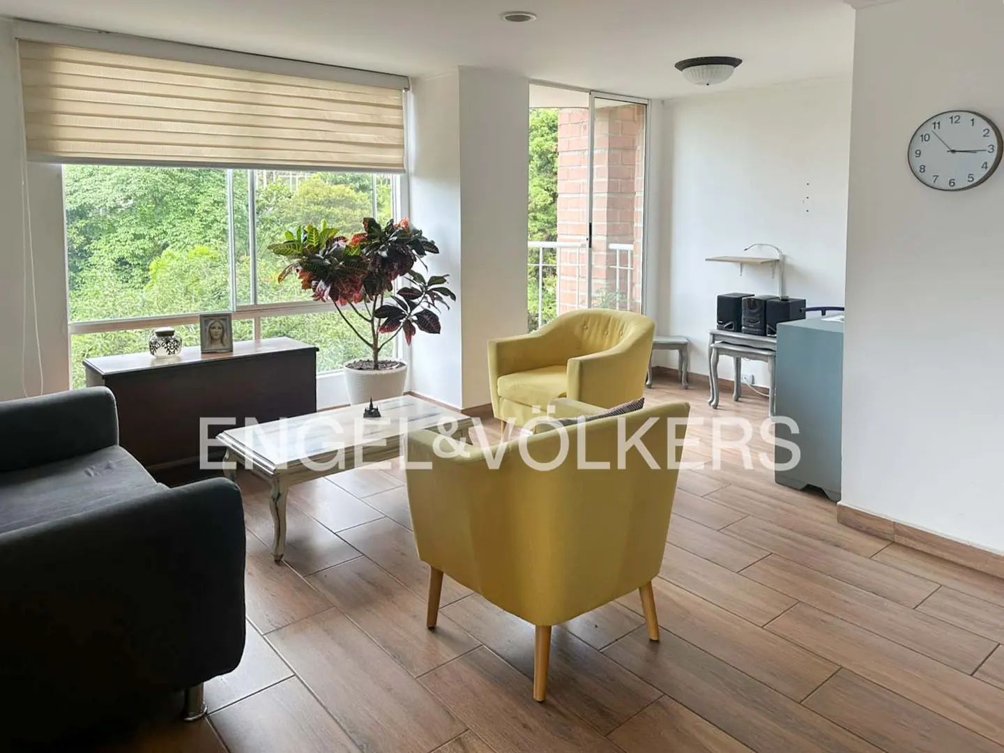 Bright living room with wood floors, two yellow armchairs, a dark sofa, a coffee table, and a large window with greenery.