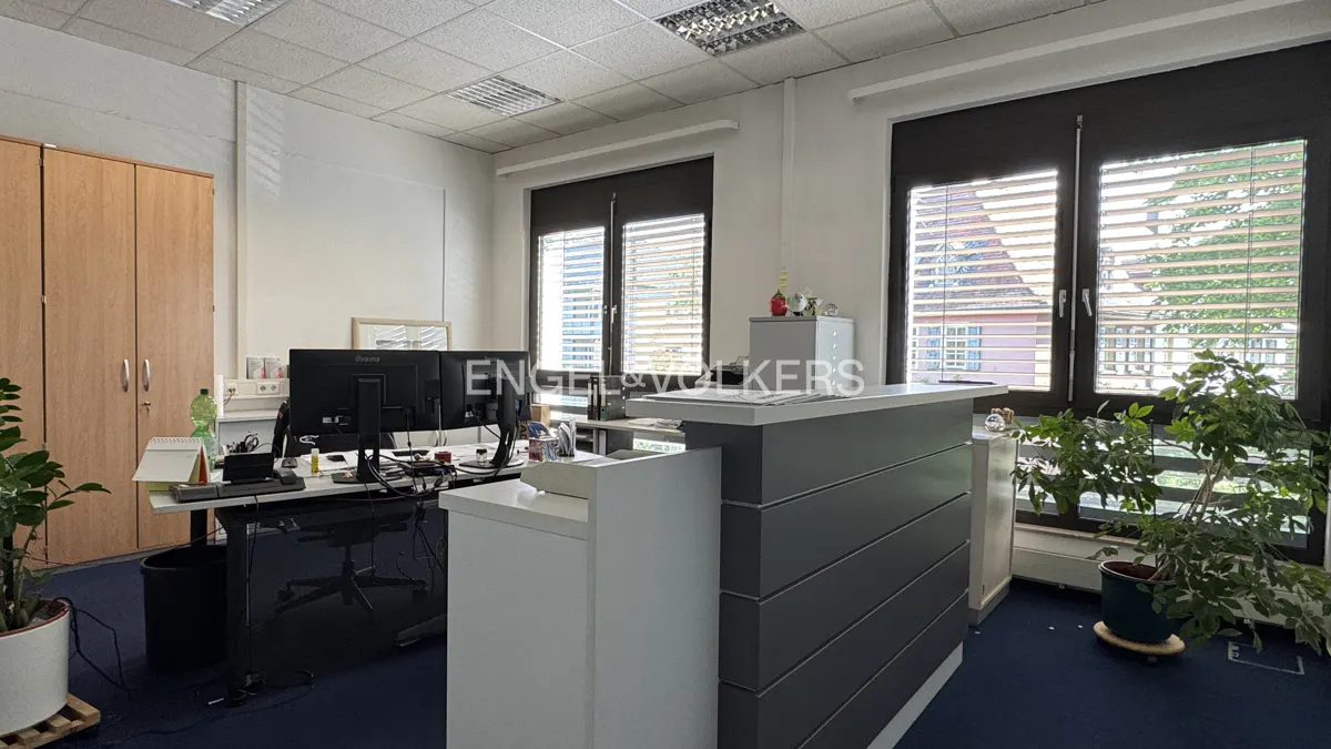 Office interior with a reception desk, computer workstations, and large windows with blinds. The floor is blue carpet.