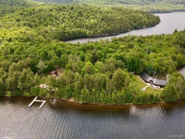 Aerial view of a lake house surrounded by lush green forest. A wooden dock extends into the water.