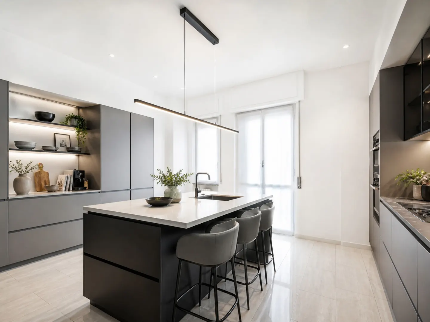 Modern kitchen with a black island, white countertop, and gray stools. Gray cabinets line the walls, and a linear light fixture hangs above the island.