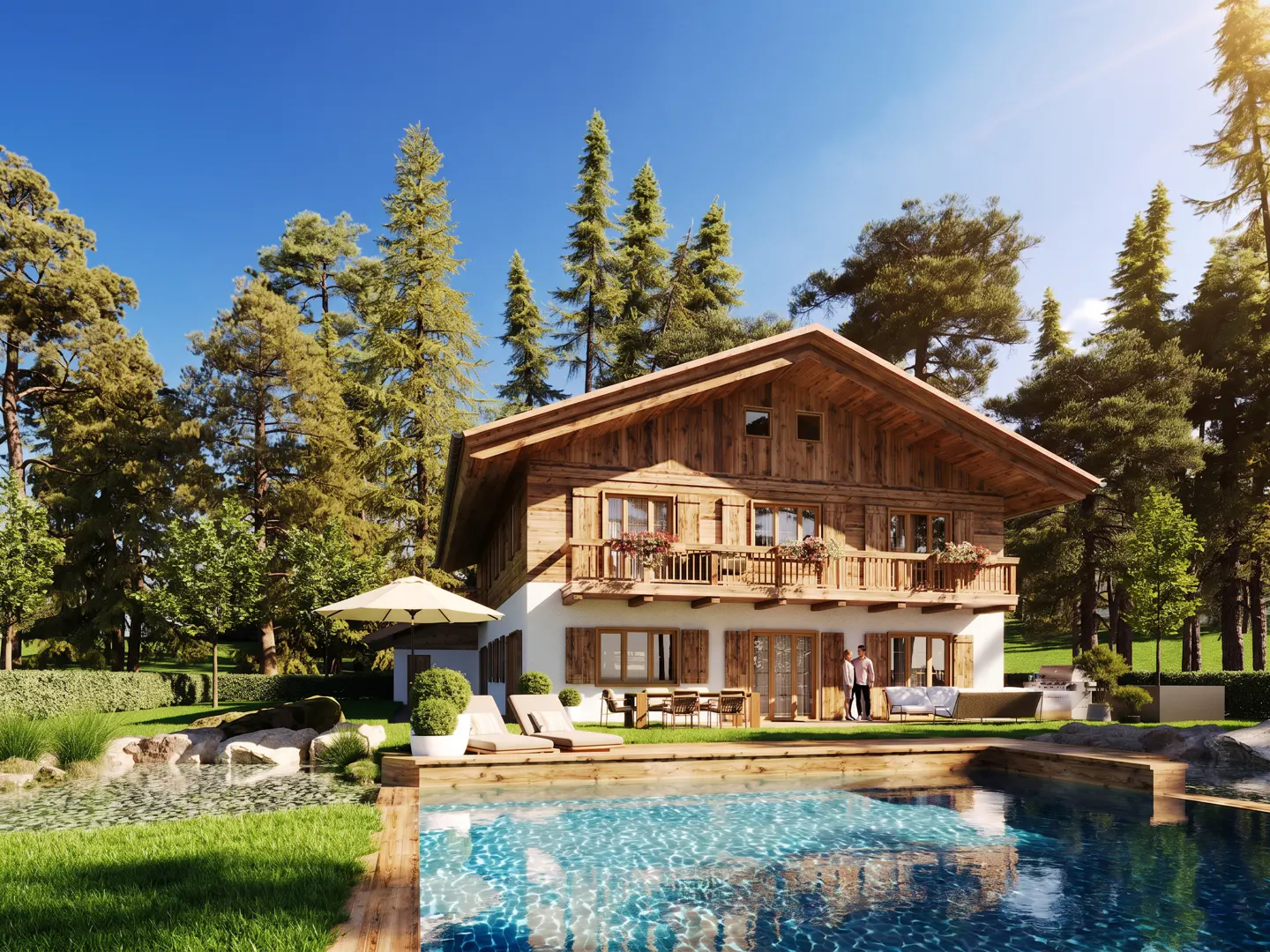 A two-story chalet-style home with a pool, lawn chairs, and a patio. The house is surrounded by trees and has a blue sky above.