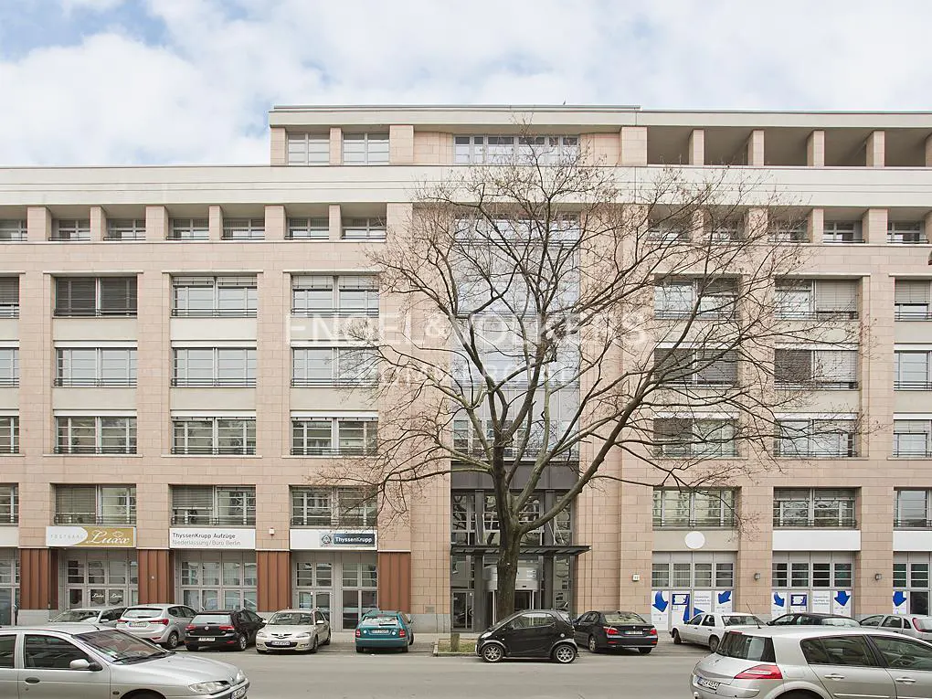 Exterior view of a multi-story beige building with a large tree in front and cars parked along the street.