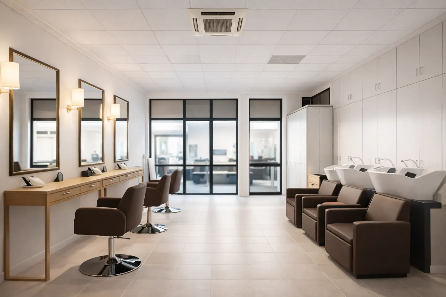 Bright salon with brown chairs, mirrors, and white sinks. Large windows let in natural light.