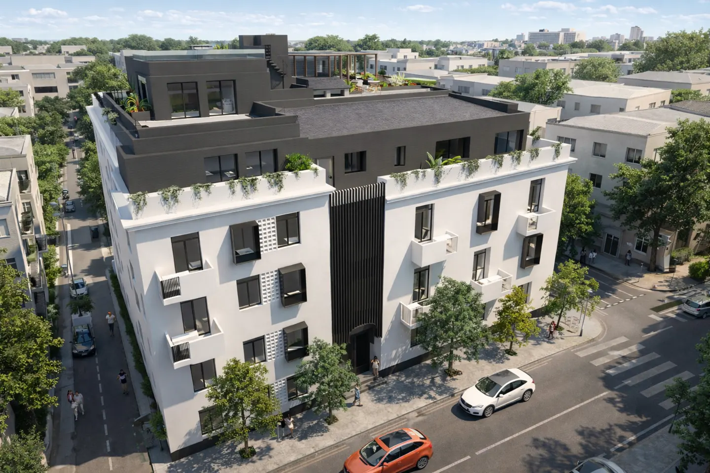 Exterior view of a modern white building with black accents, surrounded by trees and city streets.