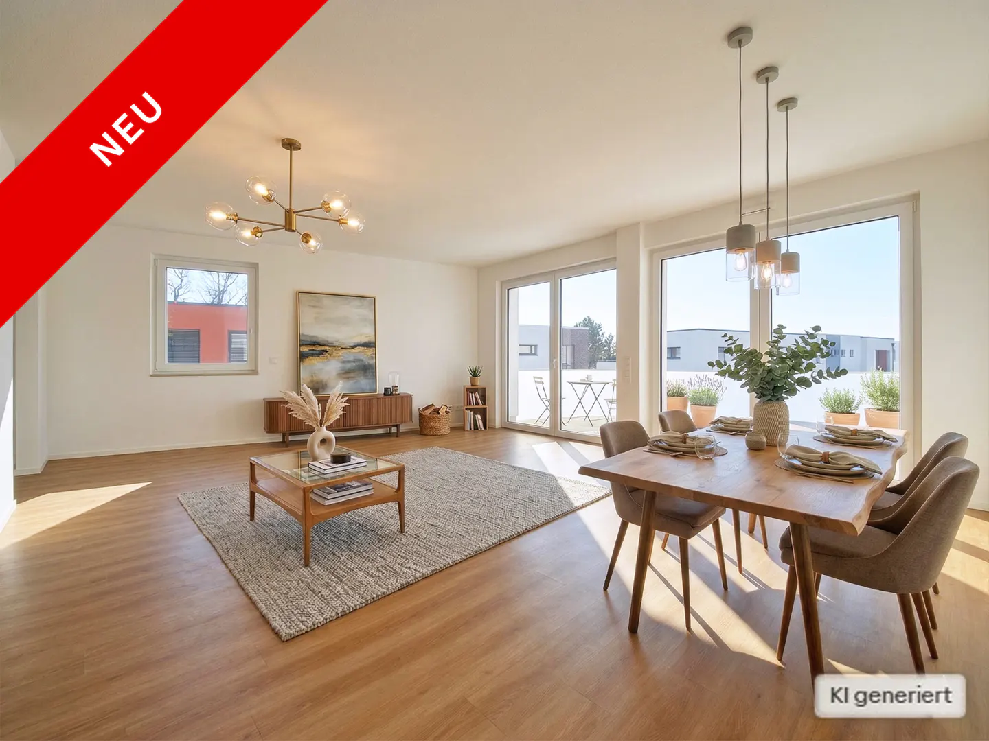 Bright, modern living and dining room with wood floors, a rug, and a dining table set for six. Large windows offer outdoor views. "NEU" banner in the corner.