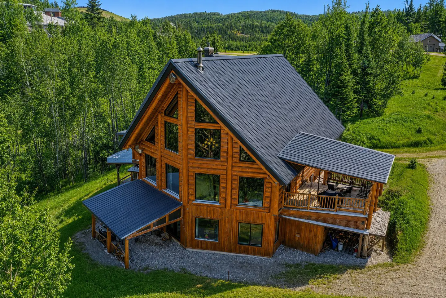 Aerial view of a two-story log cabin with a dark metal roof, surrounded by green trees and grass.