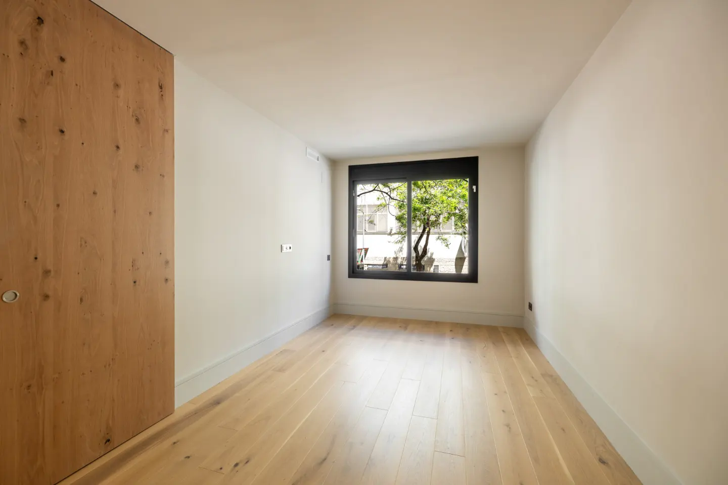 Bright, empty room with light wood floors, white walls, and a wood door. A black-framed window shows a tree outside.