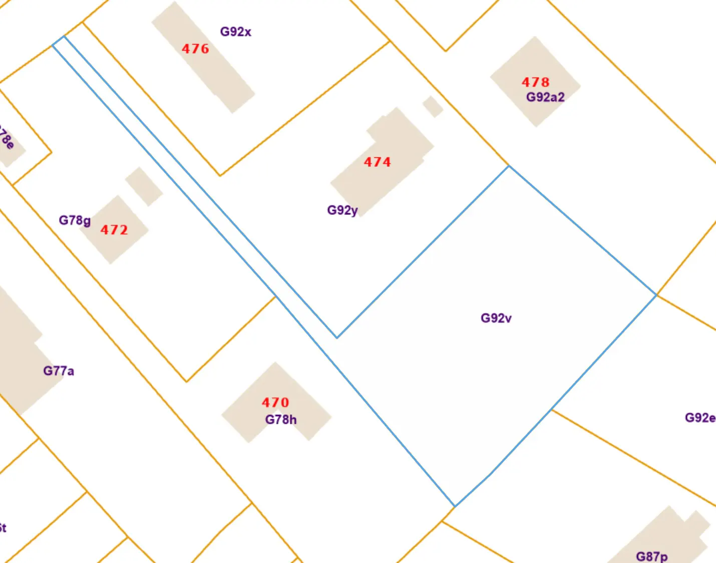 Real estate map showing property lines in blue and adjacent buildings in beige with red numbers.