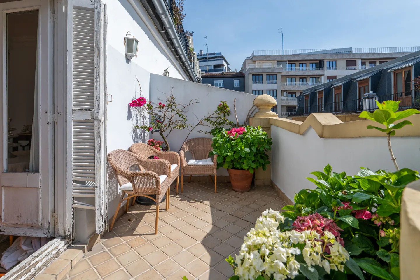 A sunny balcony with wicker chairs, potted pink hydrangeas, and white walls. A building is visible in the background.