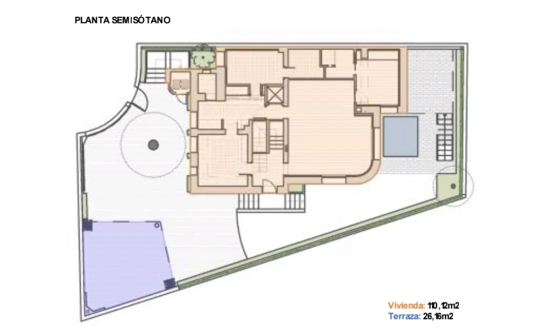 Floor plan of a semi-basement level showing a 110.12m2 interior area and a 26.16m2 terrace area.