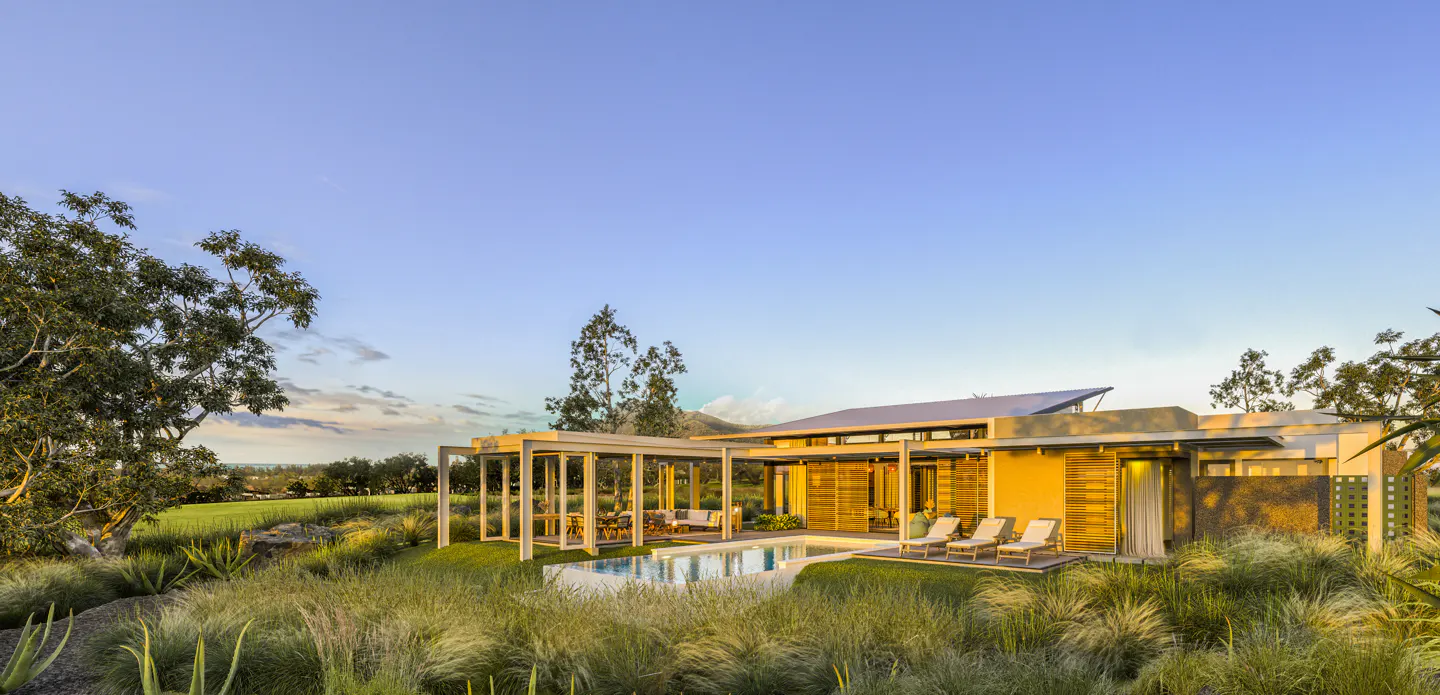 Modern home with a pool, lounge chairs, and outdoor dining area surrounded by tall grass under a blue sky.