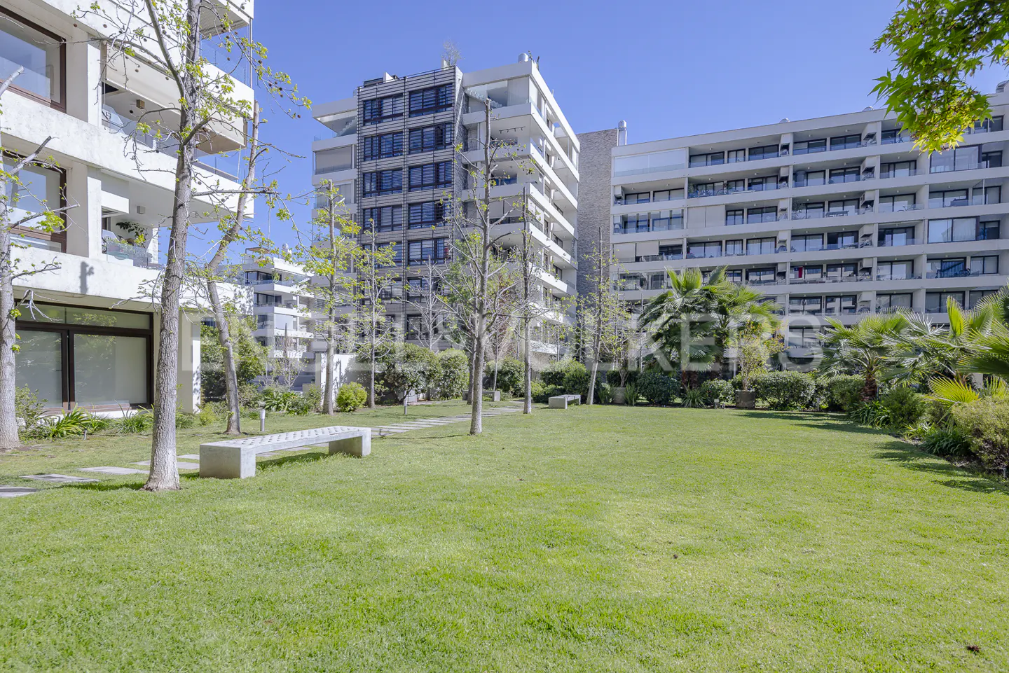 Exterior view of modern white apartment buildings with a green lawn, trees, and benches on a sunny day.