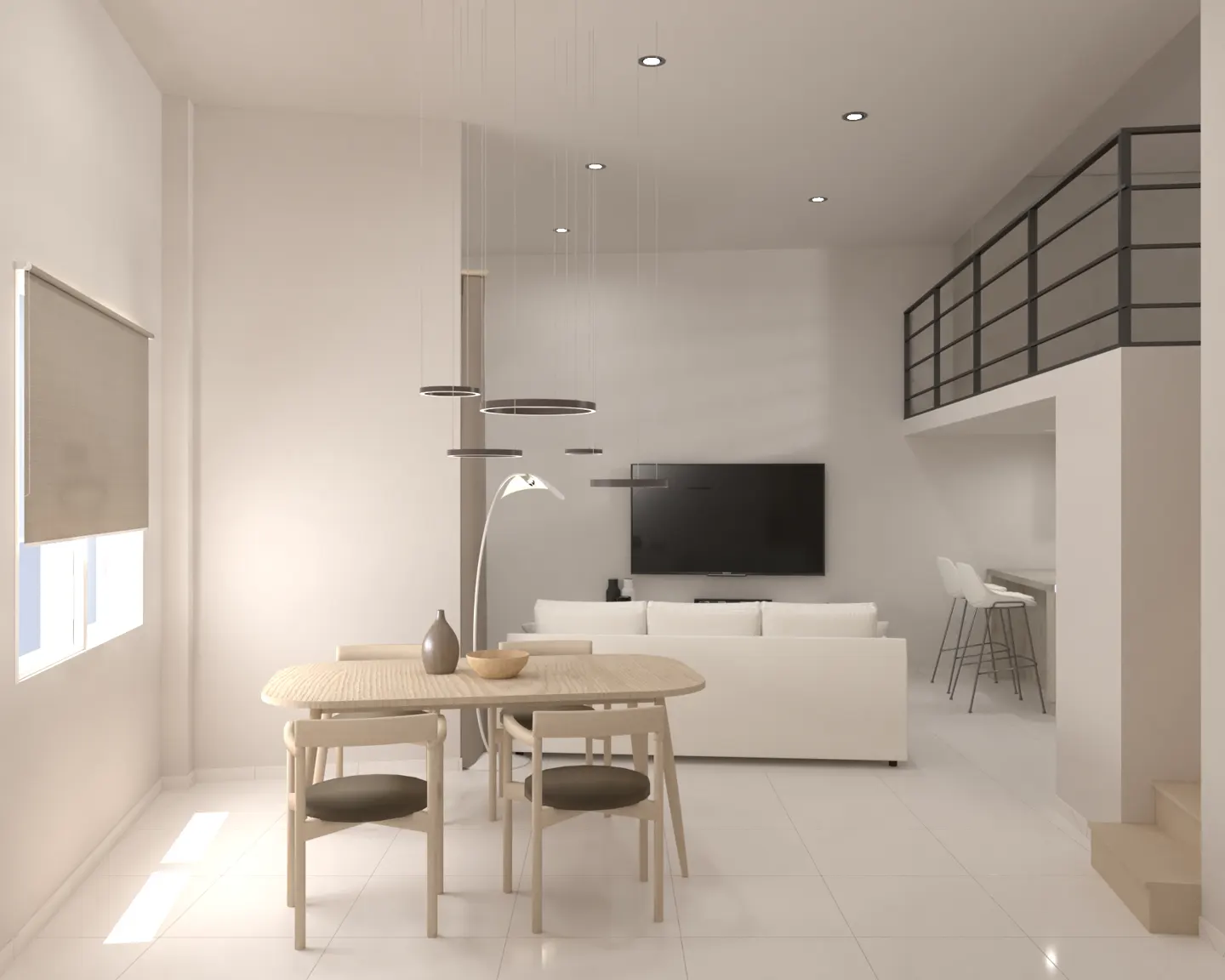 Bright, modern living room with a light wood dining table, white sofa, and a black TV. A loft with black railings is visible in the background.