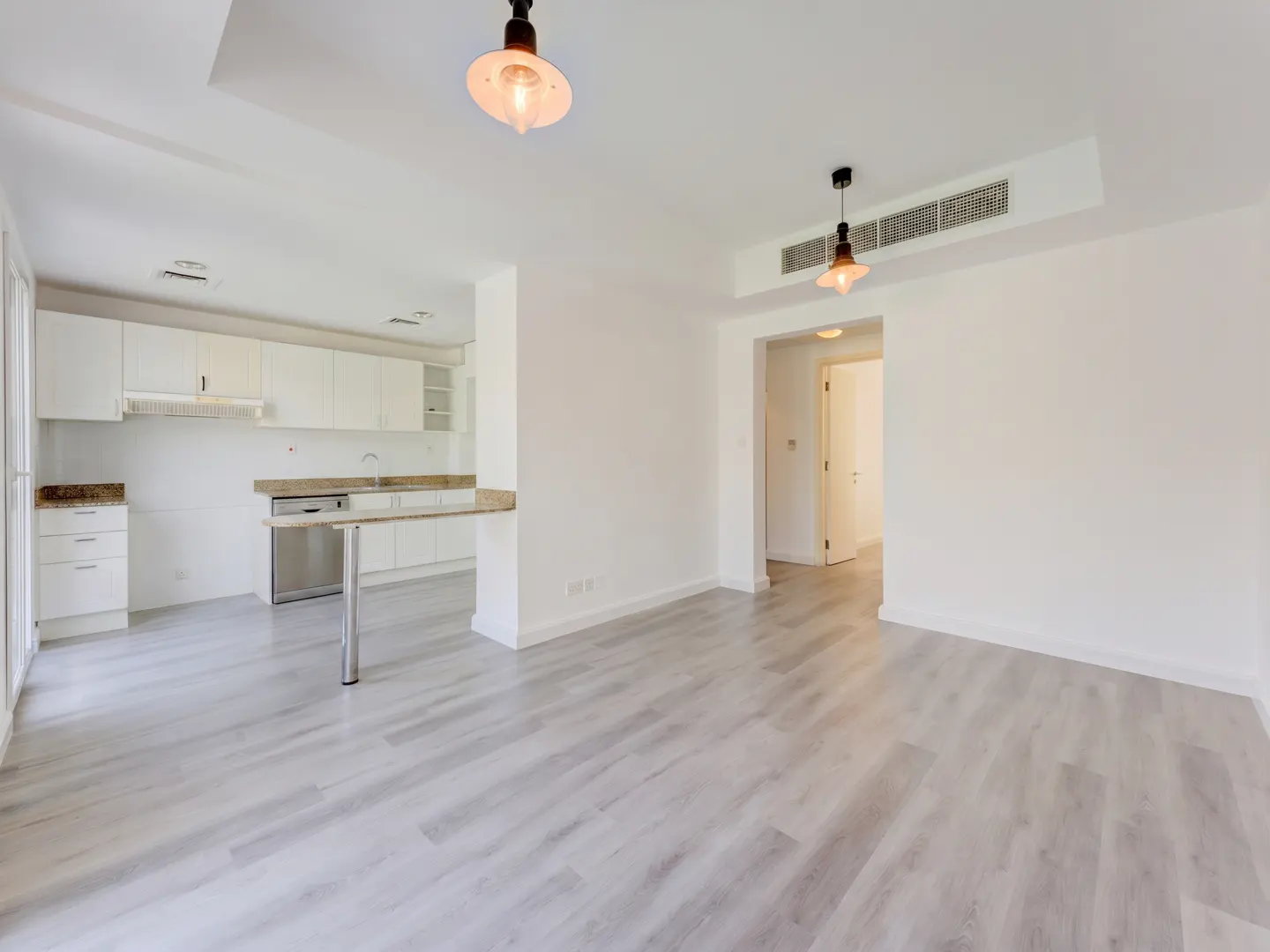 Bright, open-plan apartment with white walls, light wood floors, and a modern kitchen with white cabinets and granite countertops.